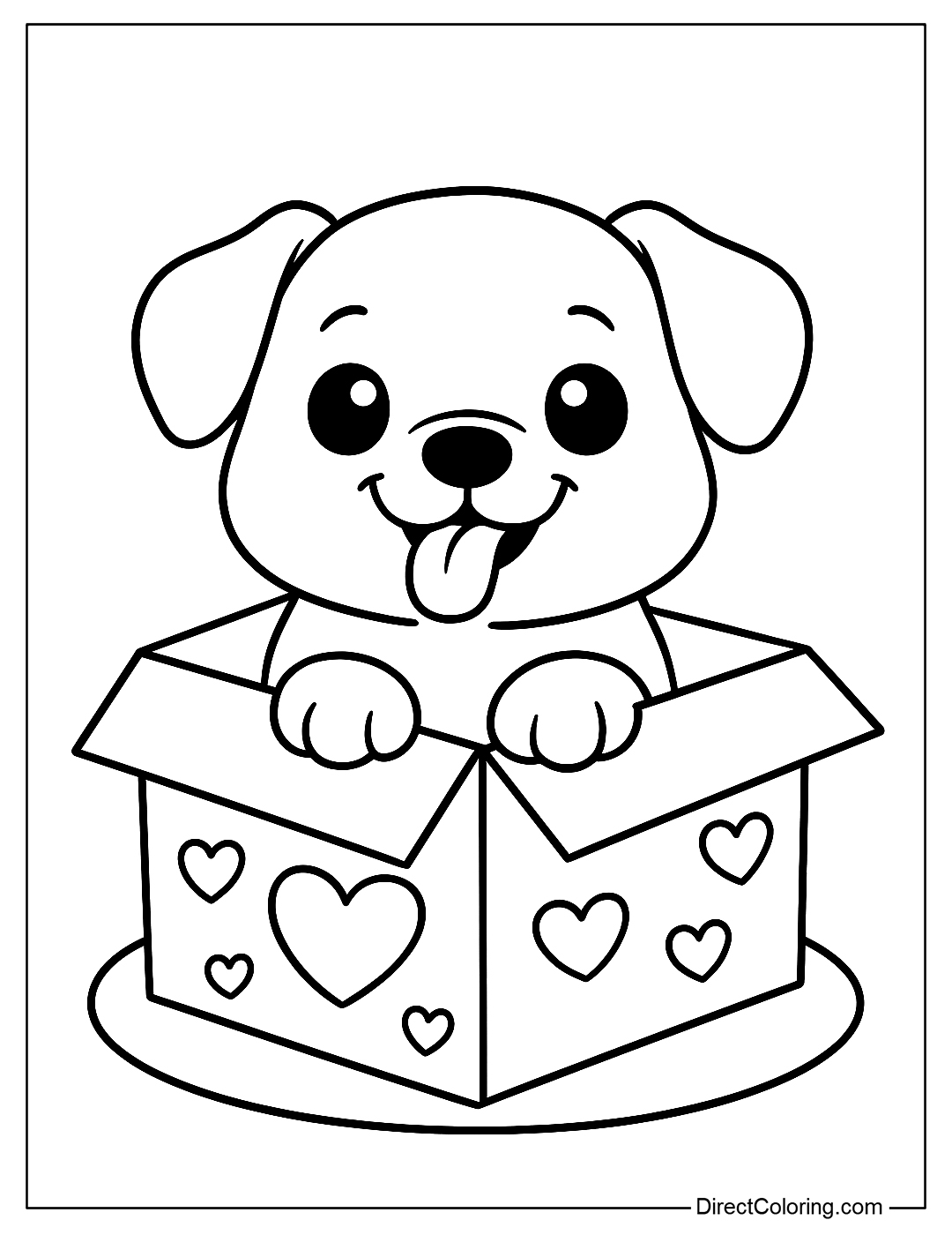 Coloring page of a puppy poking its head out of a heart-patterned cardboard box, its tongue sticking out playfully